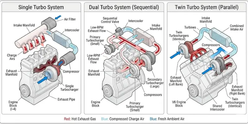 dual turbo vs twin turbo vs single turbo